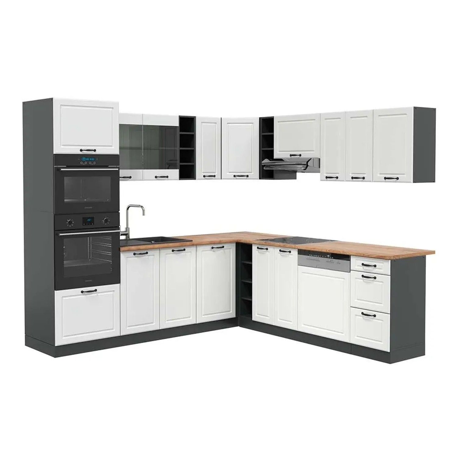 Vicco Eckküche R-Line Weiß Landhaus/Anthrazit 247 x 82, AP Eiche