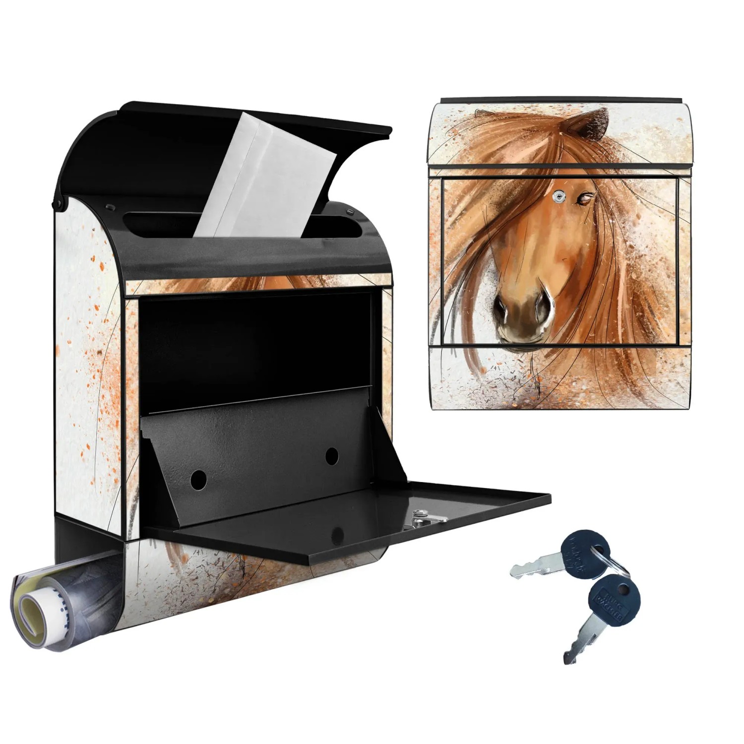 Banjado Design Briefkasten, schwarz pulverbeschichtet mit Pferde Motiv und Zeitungsfach.