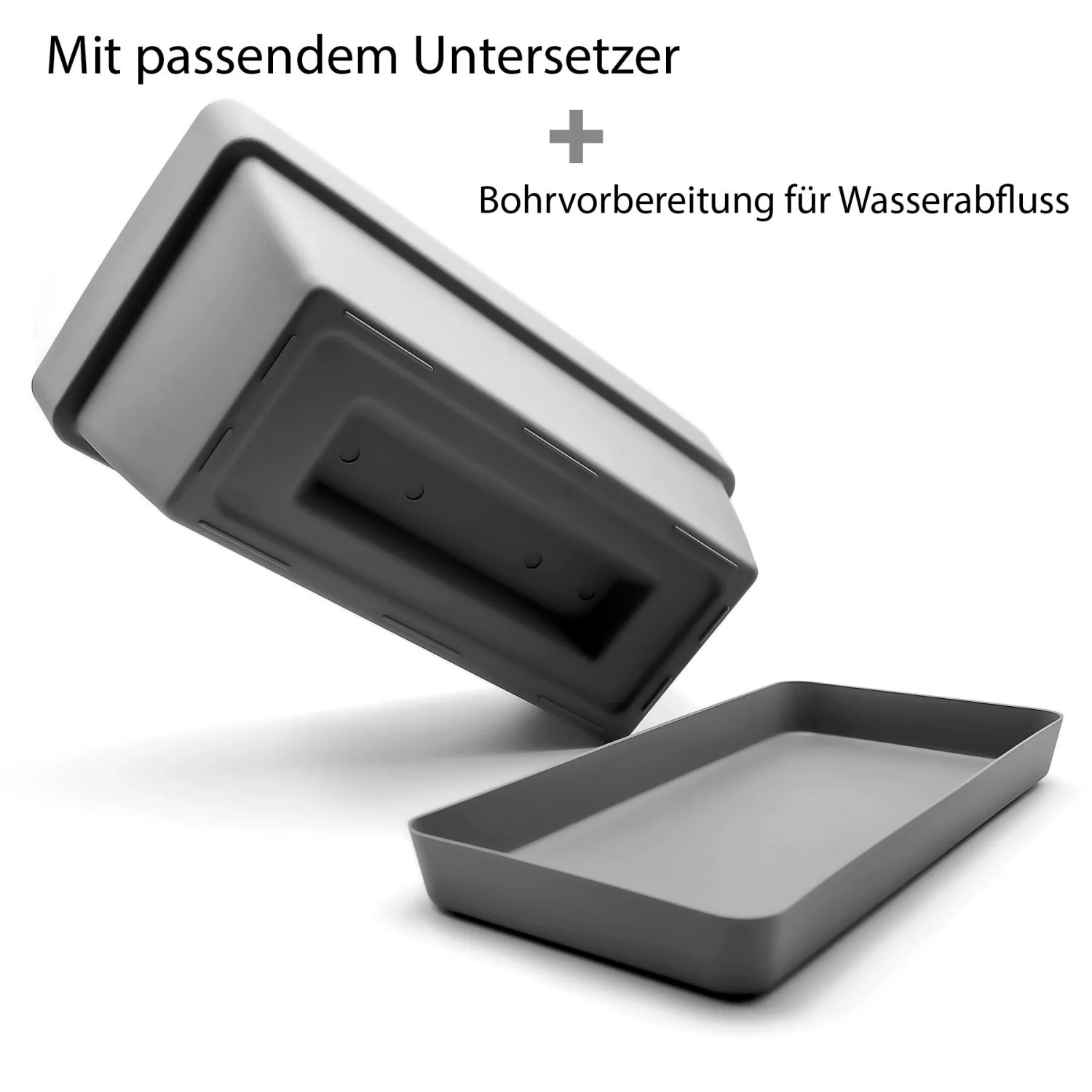 Anthrazit Kunststoff Balkonkasten mit Untersetzer, zeigt Bohrvorkehrung für Wasserabfluss. Für Balkon & Garten.