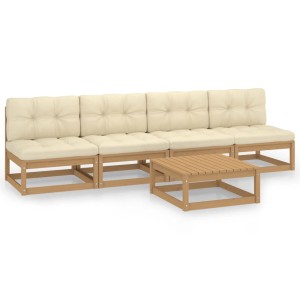 5-tlg. Garten Lounge Set aus Kiefernholz mit creme-farbenen Kissen.