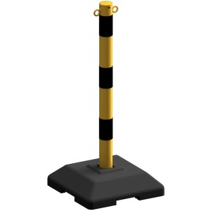 Gelb-schwarzer Kettenständer aus Stahlrohr mit quadratischem Fuß für Baugeräte.