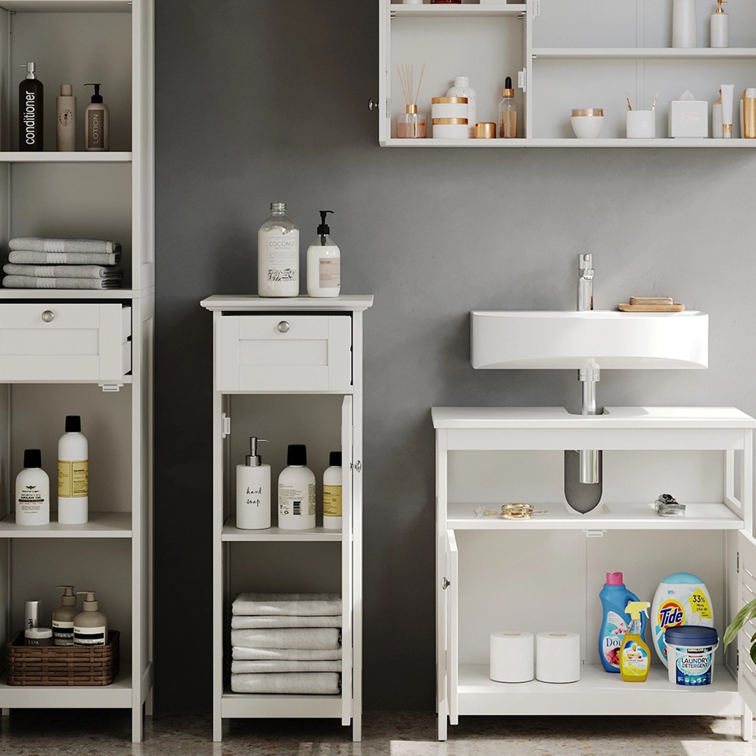 Vicco Badmöbel-Set Riad Weiß, 4-teilig: Spiegelschrank, Waschbeckenunterschrank, Midischrank und Hochschrank.