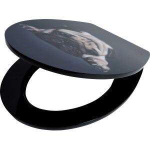 WC-Sitz Agrio mit Mops-Motiv, MDF Holzkern, Toilettendeckel für Standard-WCs.