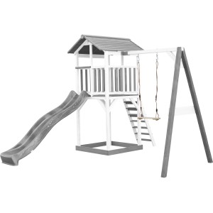 Axi Beach Tower Spielturm mit Schaukel und grauer Rutsche, 349x284x242 cm.