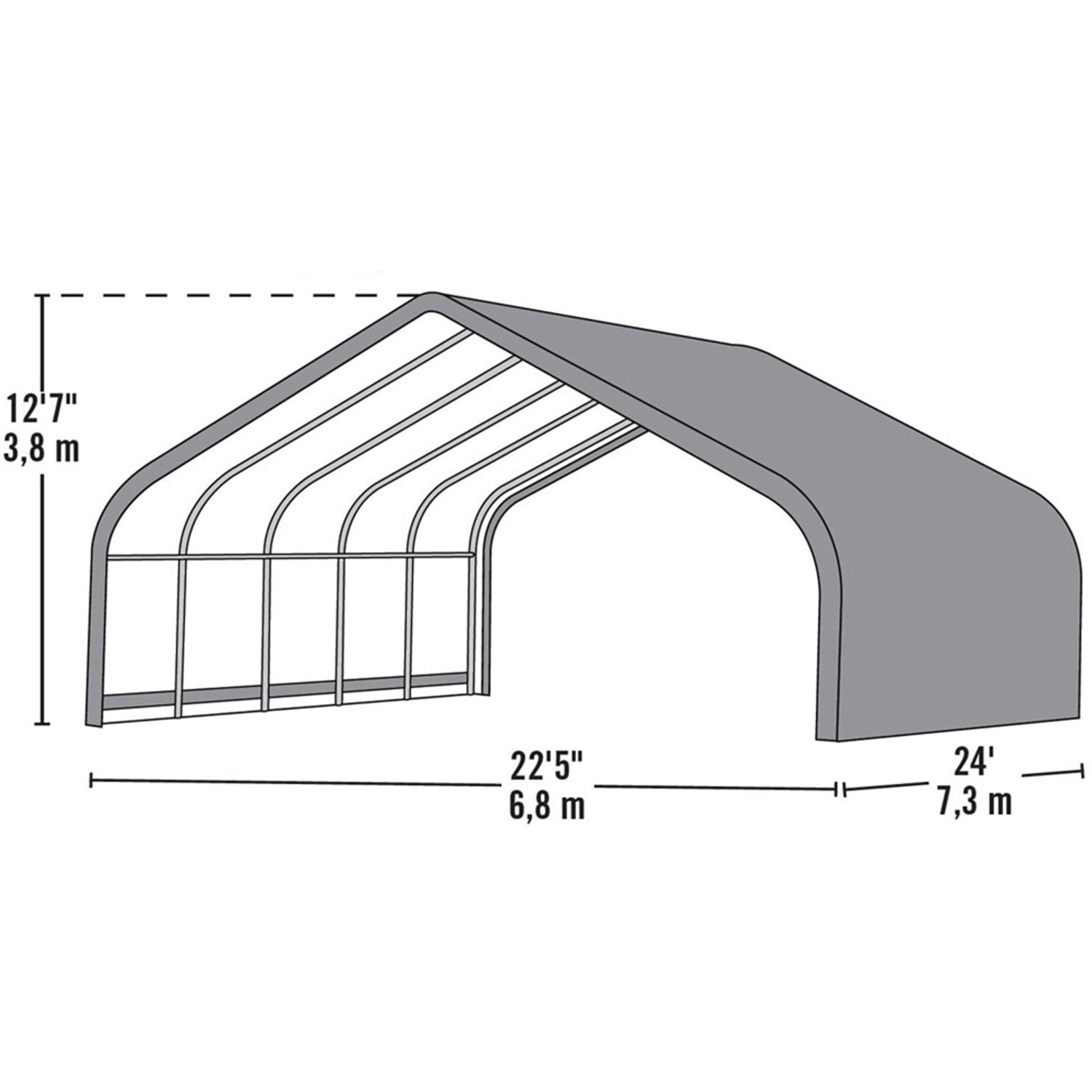 Skizze ShelterLogic Run-In-Shed Weidezelt, Maße 680x730cm, Stahlrahmen, graue Plane.