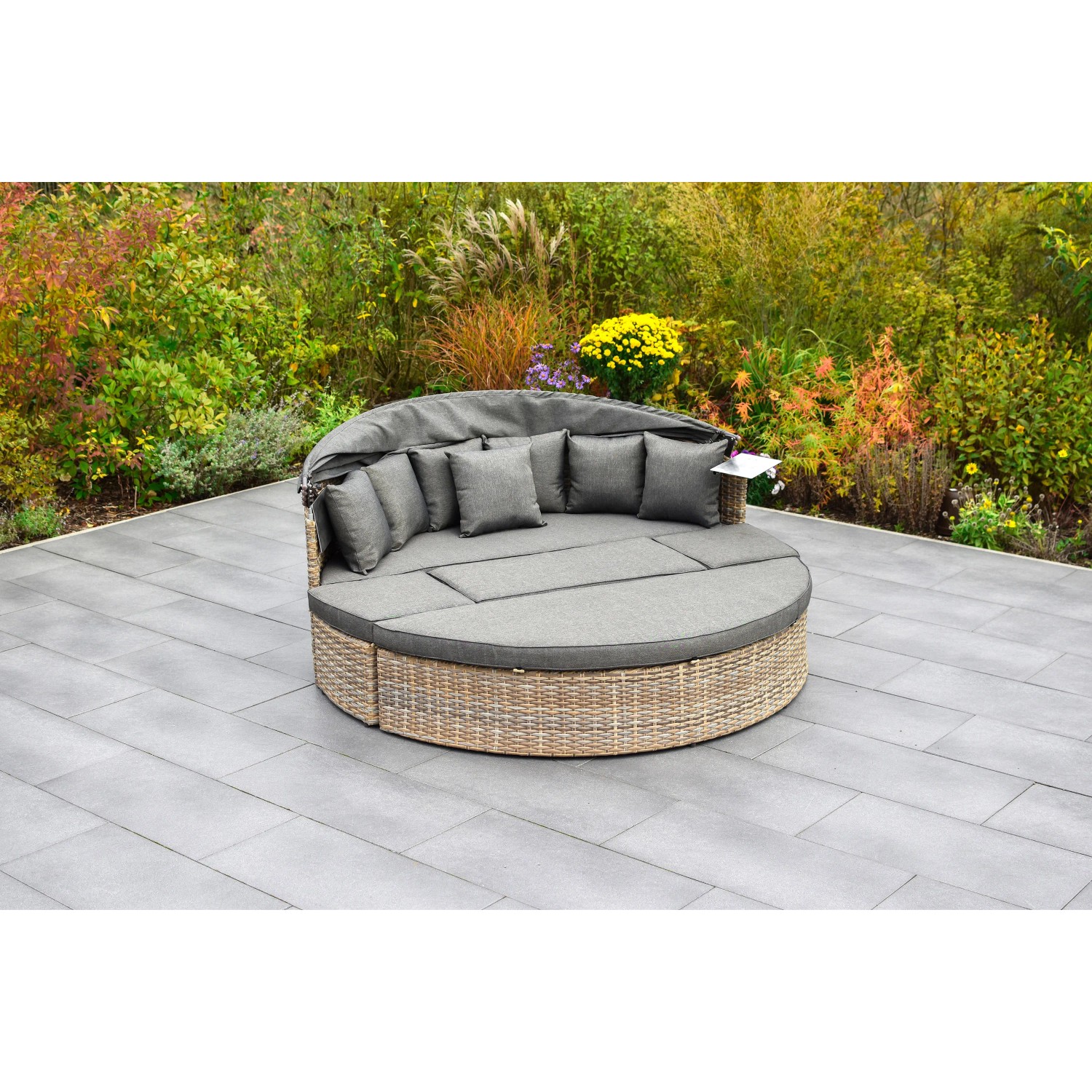 Merxx Relaxinsel Riva Premium, graue Lounge-Gartenmöbel mit Kissen und Sonnendach, 183x180x81 cm.