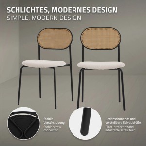 Zwei moderne Esszimmerstühle beige mit Rattan-Rückenlehne, gepolsterter Sitzfläche und schwarzem Stahlgestell. 4er Set.