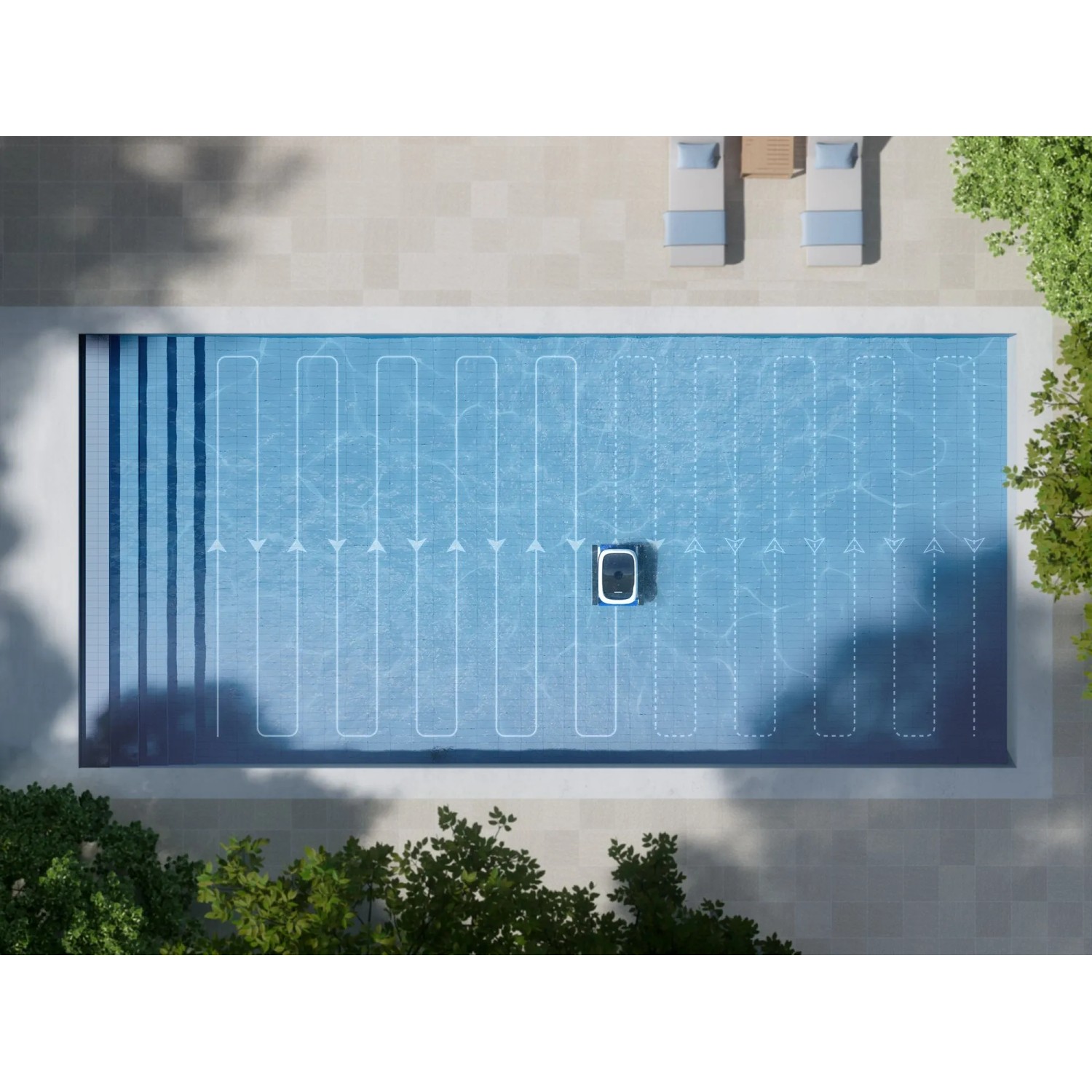 Ecovacs Poolroboter Ultramarine P1 bei der Poolreinigung, Draufsicht mit Reinigungsbahnen.