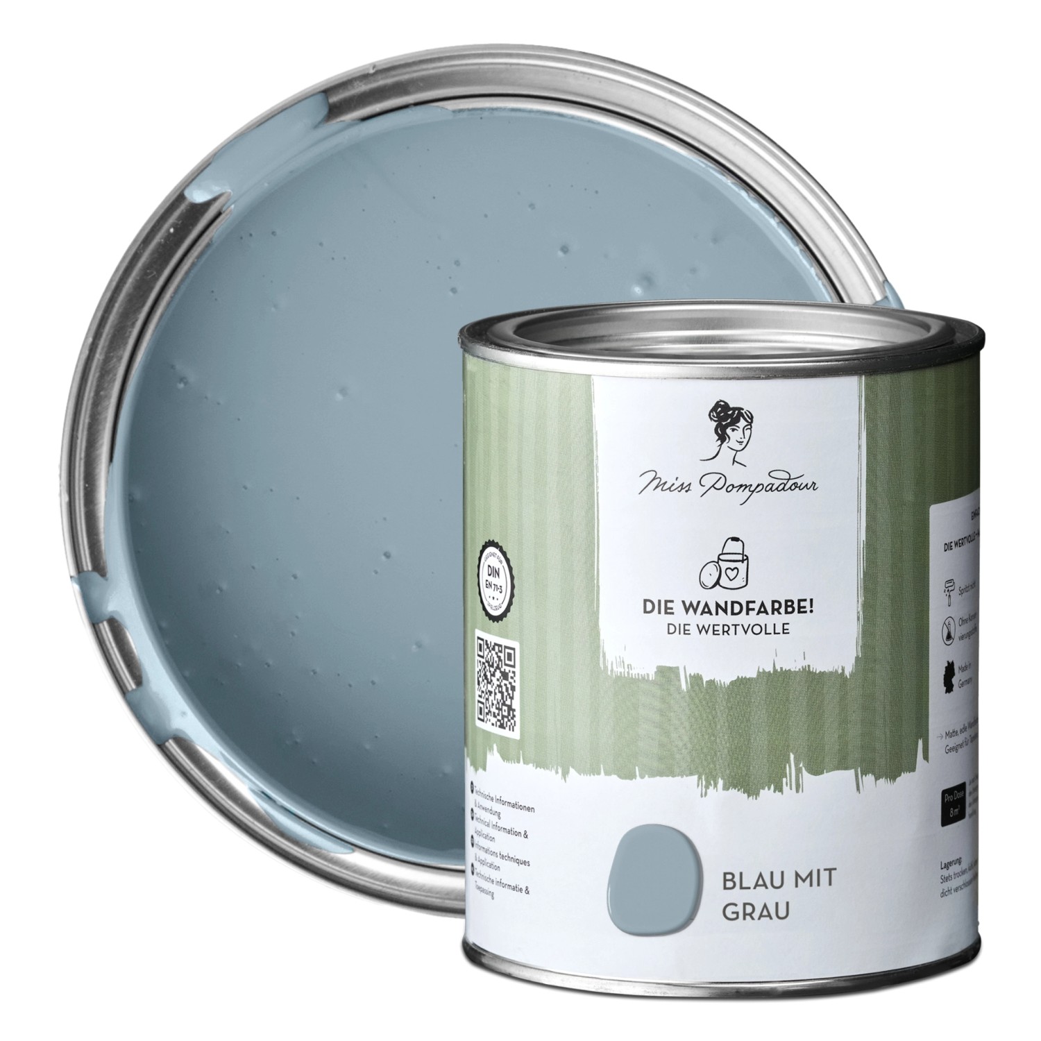 MissPompadour Extramatte Wandfarbe Blau mit Grau 1L Hochdeckend Spritzfrei
