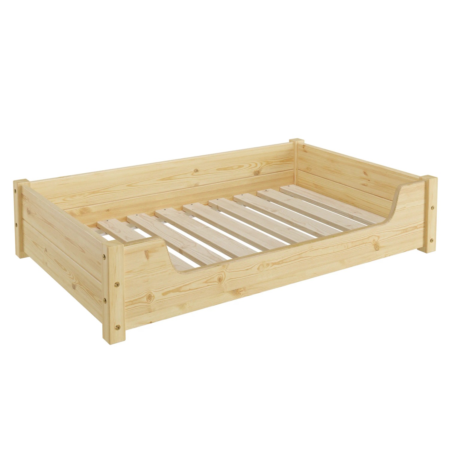 Hundebett aus Kiefernholz, 100x60 cm, mit Rollrost. Tierbett für große Hunde.