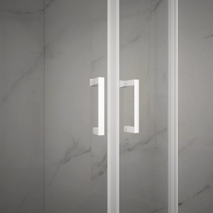 Detailaufnahme: Weiße Aurlane Glasdusche Factory Runddusche mit Griffen.