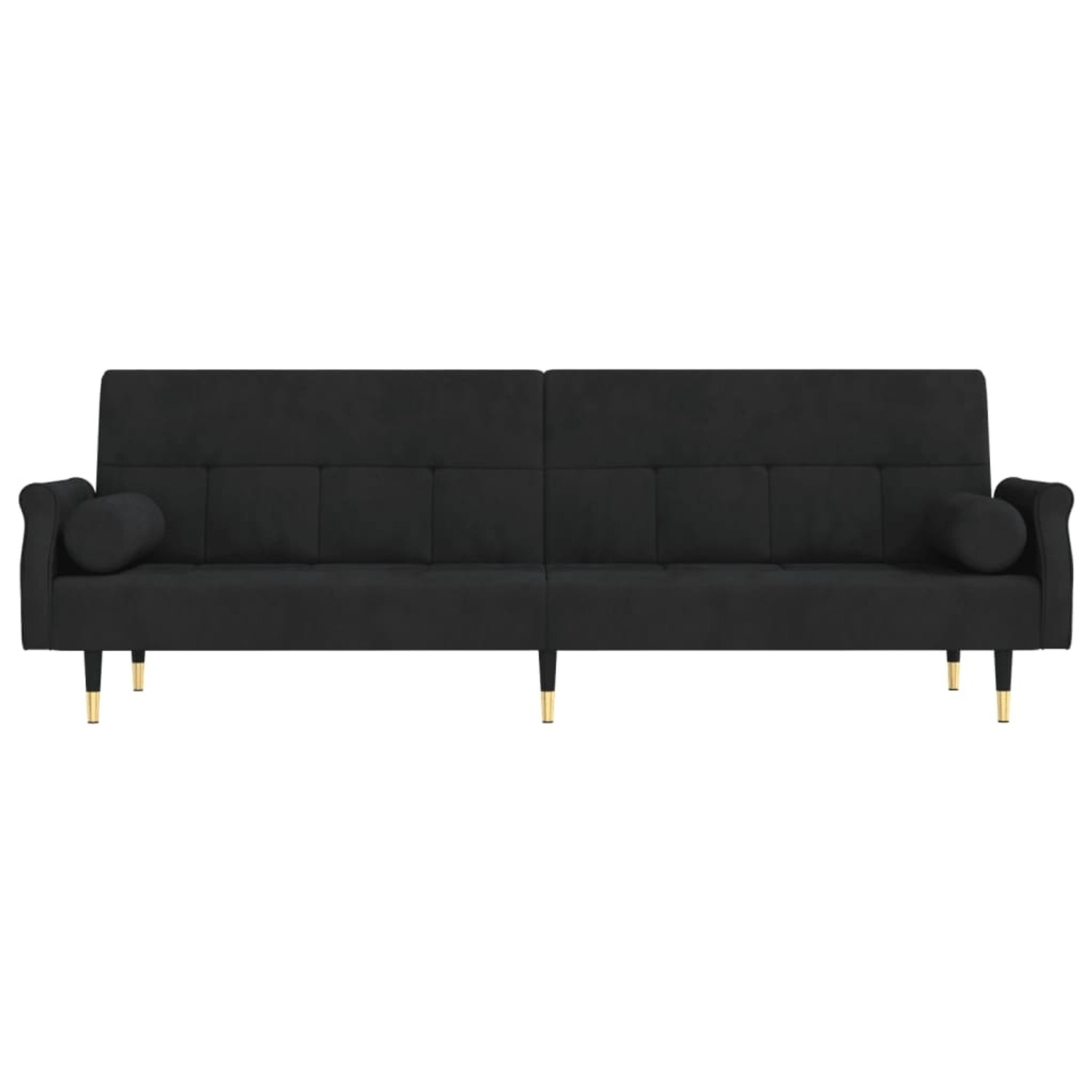 Schwarzes vidaXL Schlafsofa aus Samt mit Kissen und goldfarbenen Füßen.