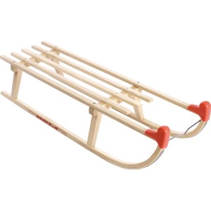 Holzschlitten Davos, 90 cm, aus Buchenholz mit lackierten Metallkufen für Kinder und Erwachsene.