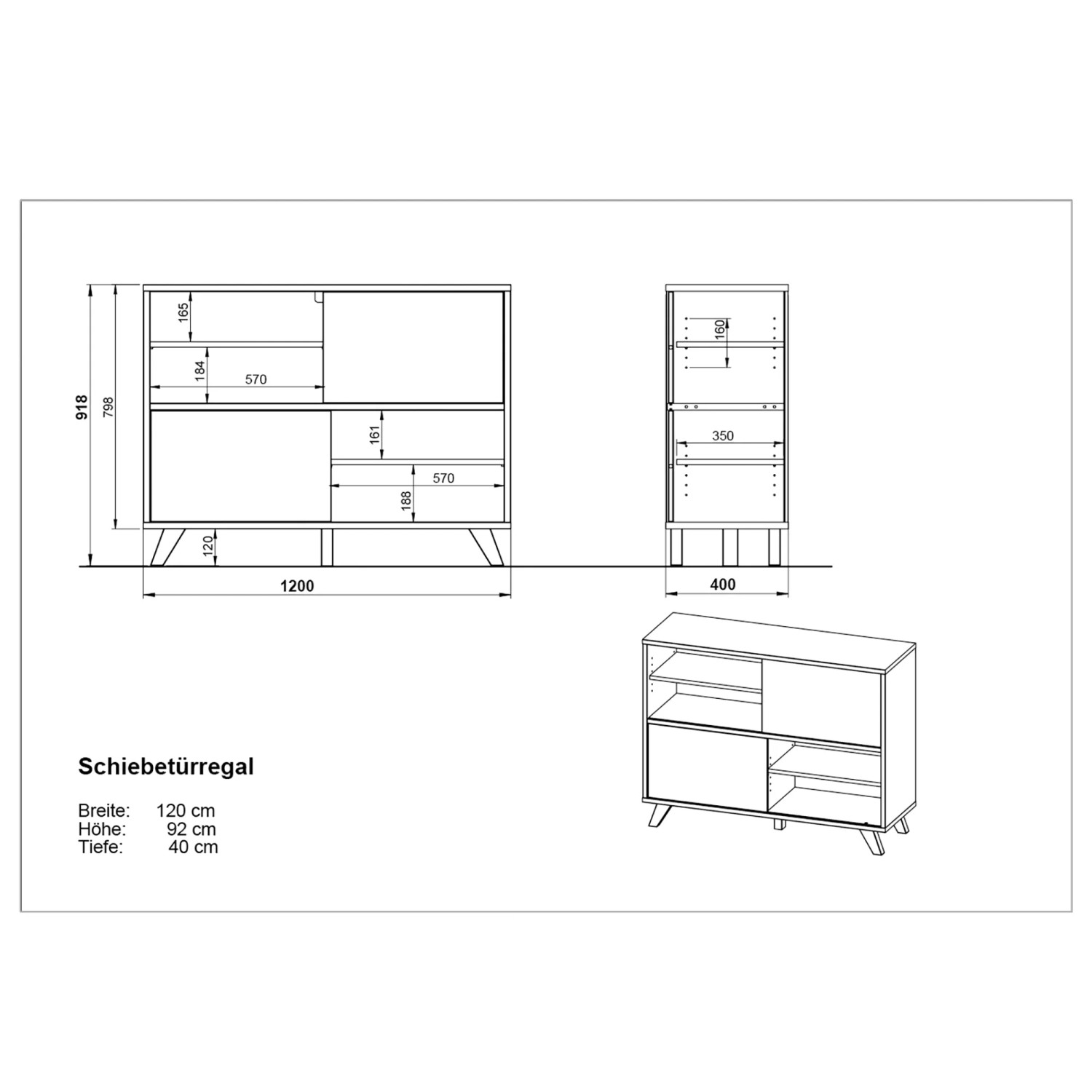 Technische Zeichnung: Germania Schiebetürregal, 120x92x40 cm, weiß/Eiche, mit Maßen. Bürobedarf.