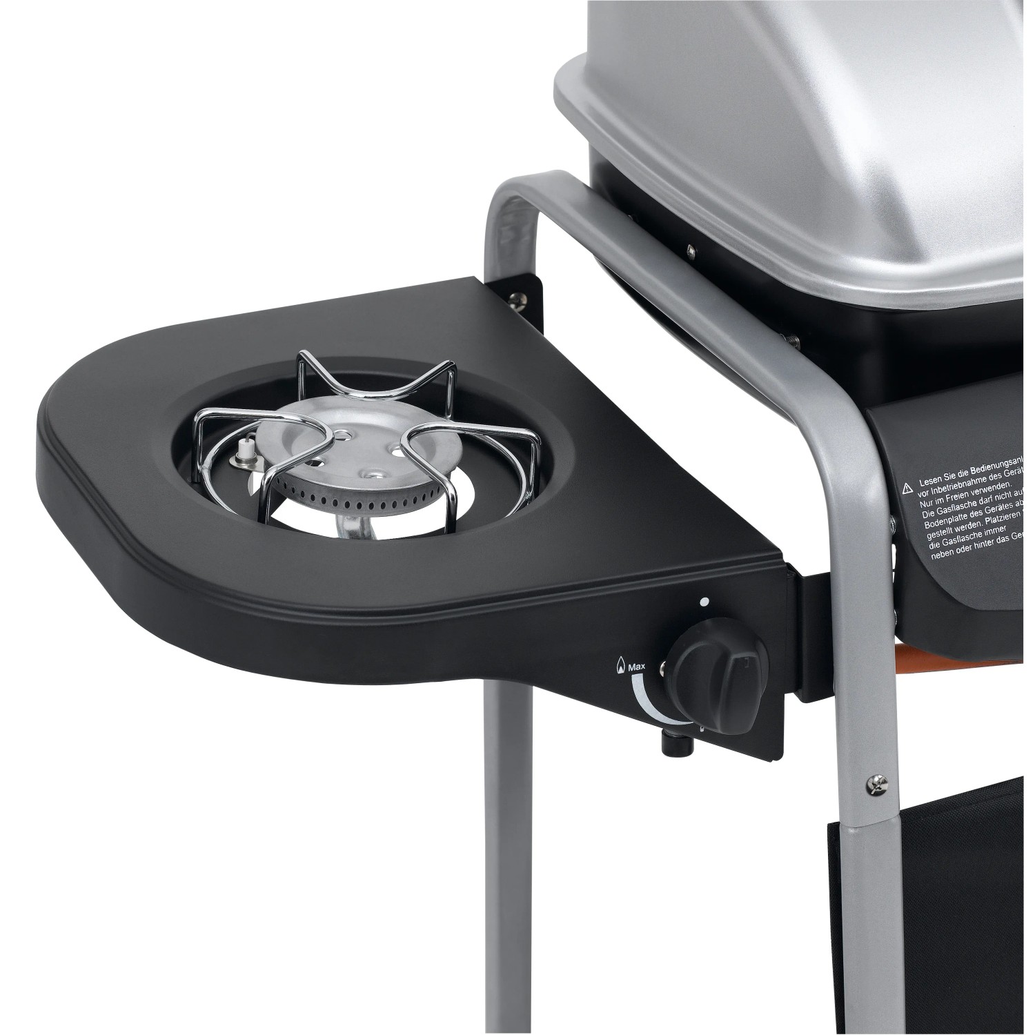 Detailaufnahme: Seitenbrenner des tepro Gasgrills Fremont in Schwarz/Silber.
