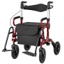 Roter 2-in-1 Rollator und Rollstuhl mit Luftbereifung, höhenverstellbaren Griffen, Sitz, Rückenlehne und Tasche.