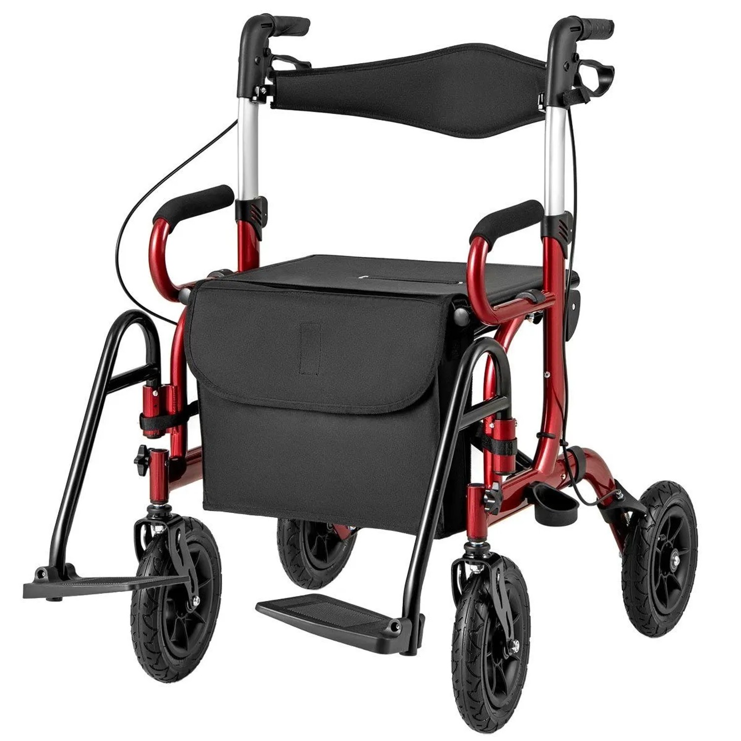 Roter 2-in-1 Rollator und Rollstuhl mit Luftbereifung, höhenverstellbaren Griffen, Sitz, Rückenlehne und Tasche.