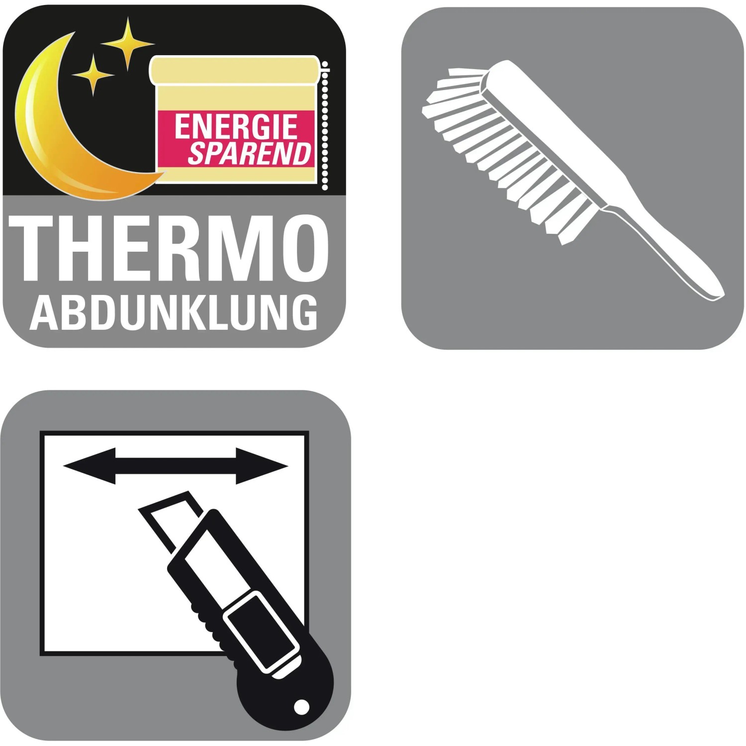Icons für Gardinia Plissee: Thermo Abdunklung, Reinigung, Kürzbar.
