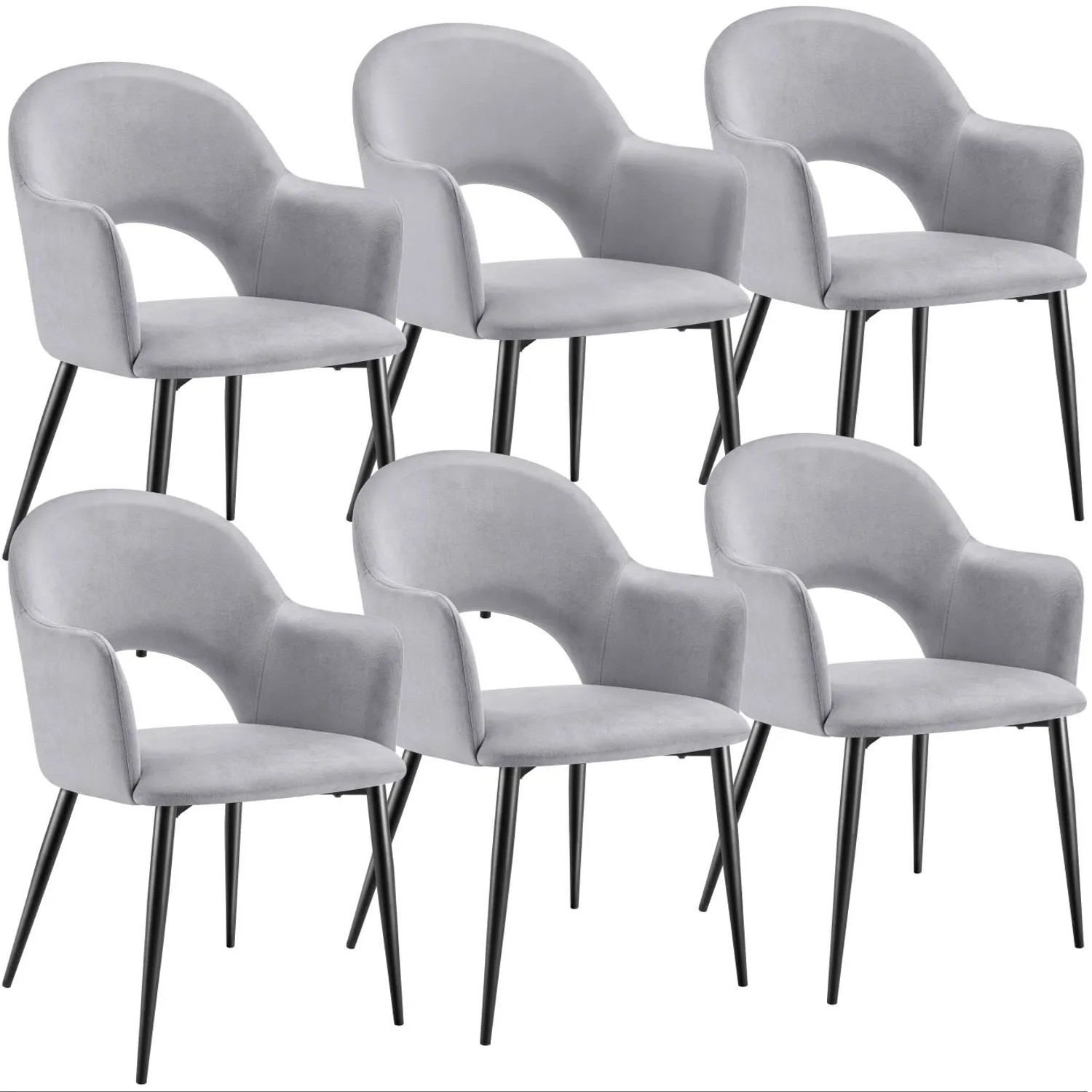 Tectake Armlehnstuhl Sachel In Samtoptik  Gepolstert Durchgehende Lehne 6Er Set 61 50 x 57 x 87 50 cm Hellgrau