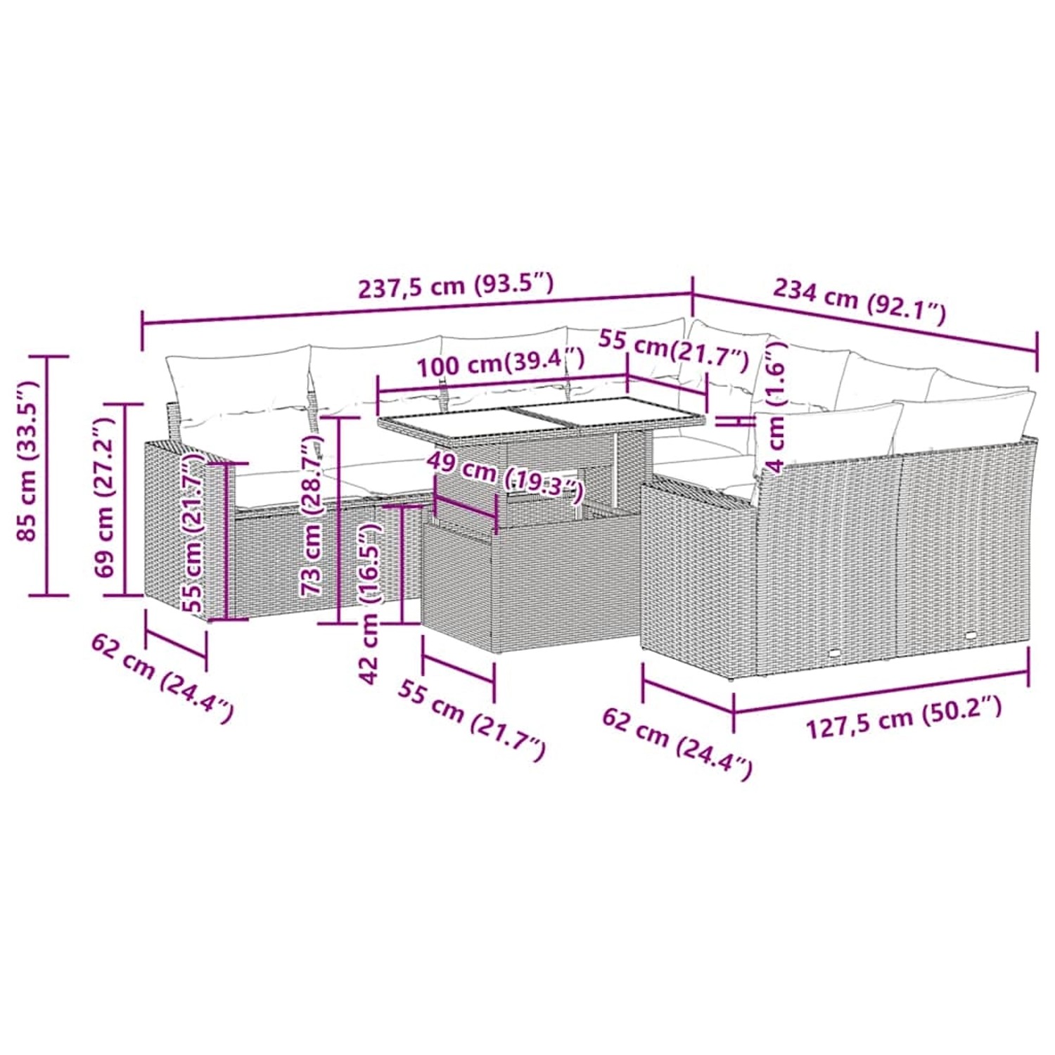 vidaXL 9-tlg. Garten-Sofagarnitur mit Kissen, schwarzes Poly Rattan, Maße