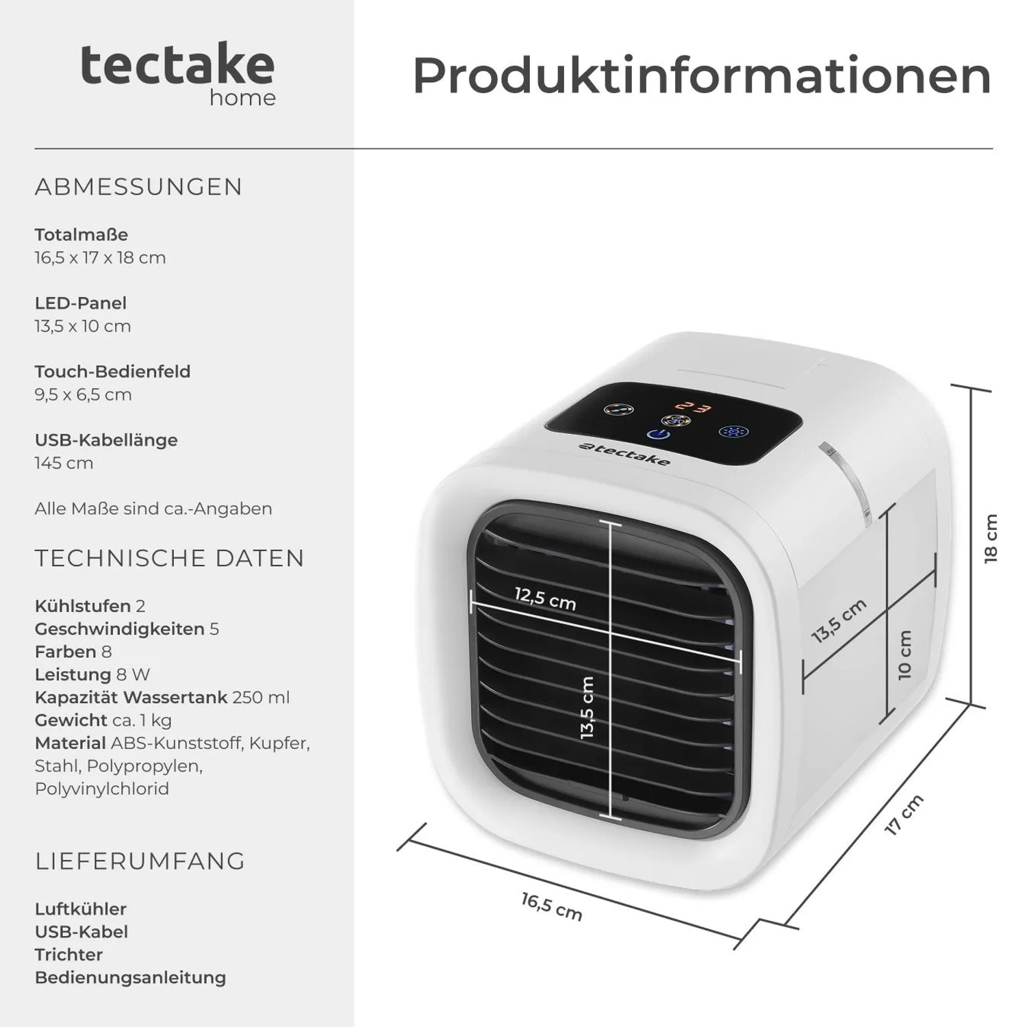 Weißer Tectake 3in1 Luftkühler Frosty mit LED-Beleuchtung und Touch-Bedienfeld.