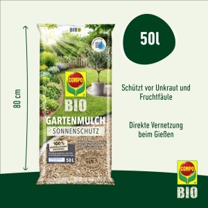 Sack Compo Bio Gartenmulch mit Sonnenschutz, hellbraune Mulch-Stückchen, 50 l.