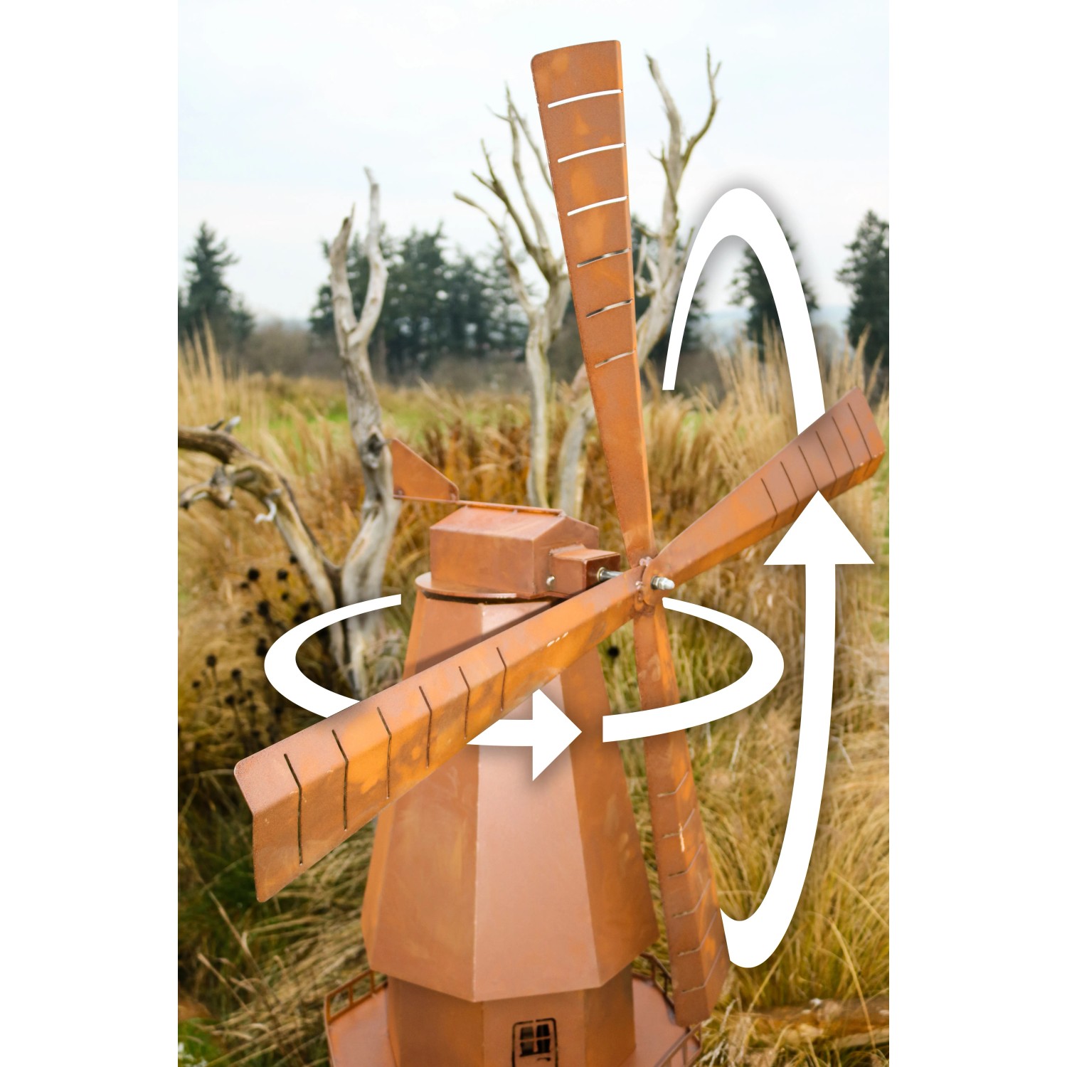 Windmühle in Rostoptik von Ferrum Art Design, 181 cm hoch, Gartendekoration mit drehenden Flügeln.