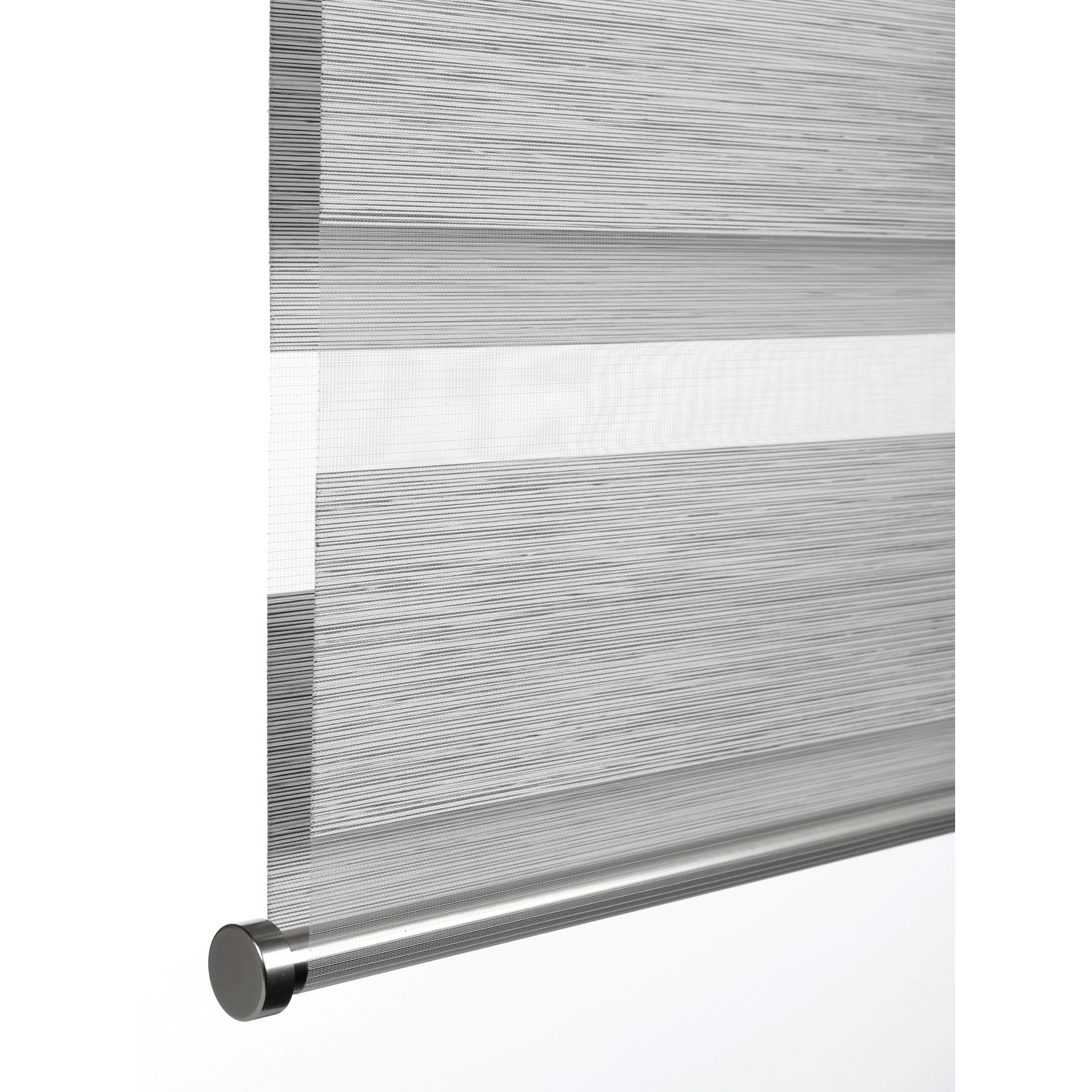 Graues Gardinia Doppelrollo de Luxe, 50x180 cm, mit transparenten und blickdichten Streifen.