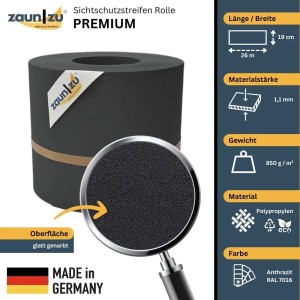 zaunzu Sichtschutz Premium, Anthrazit, 26m Rolle für Doppelstabmattenzaun.