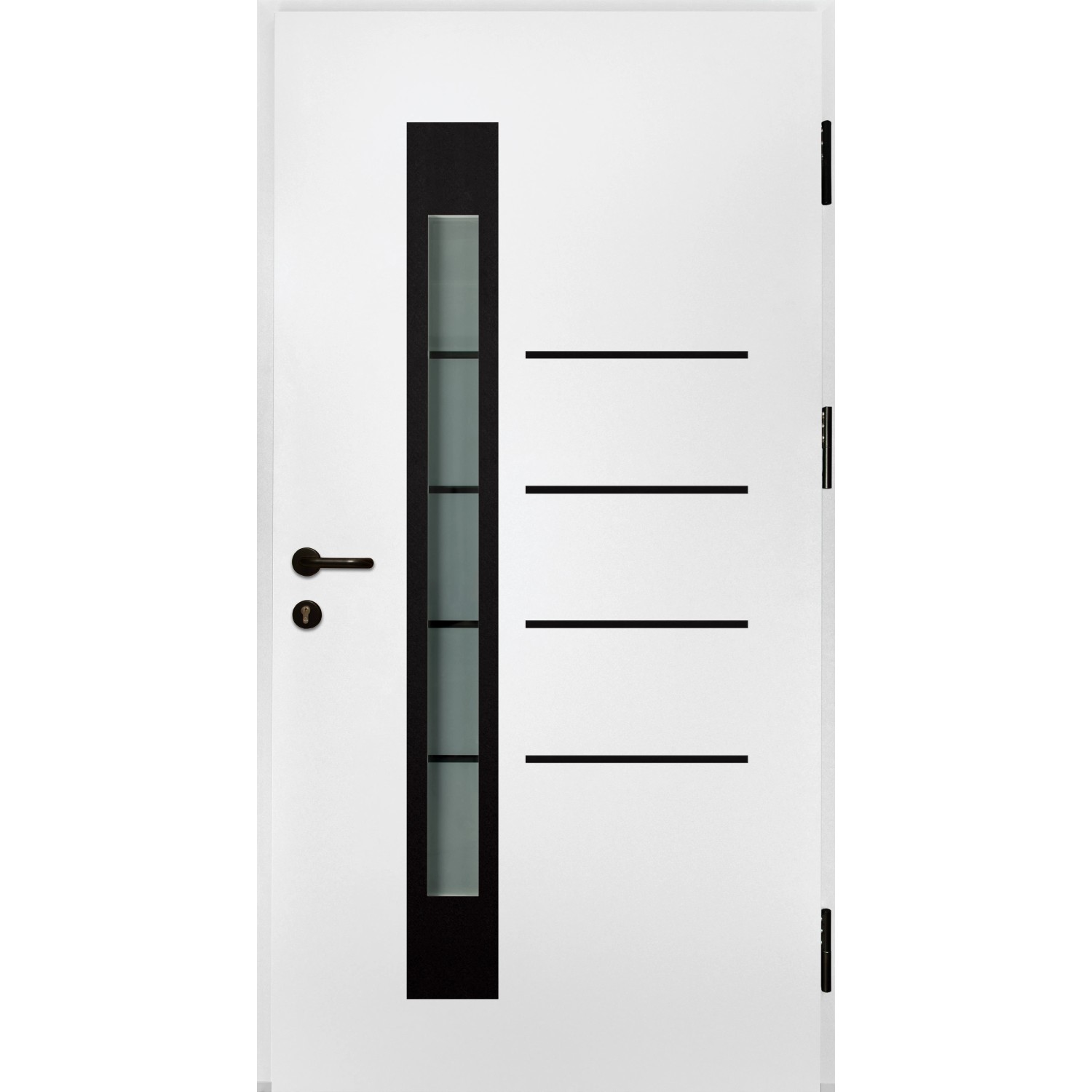 Weiße Splendoor Sicherheits-Haustür Berlin Prime RC2 mit Glaseinsatz und horizontalen Linien.