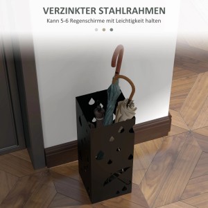 Schwarzer Furnicato Schirmständer aus Stahl mit Haken und Tropfschale.