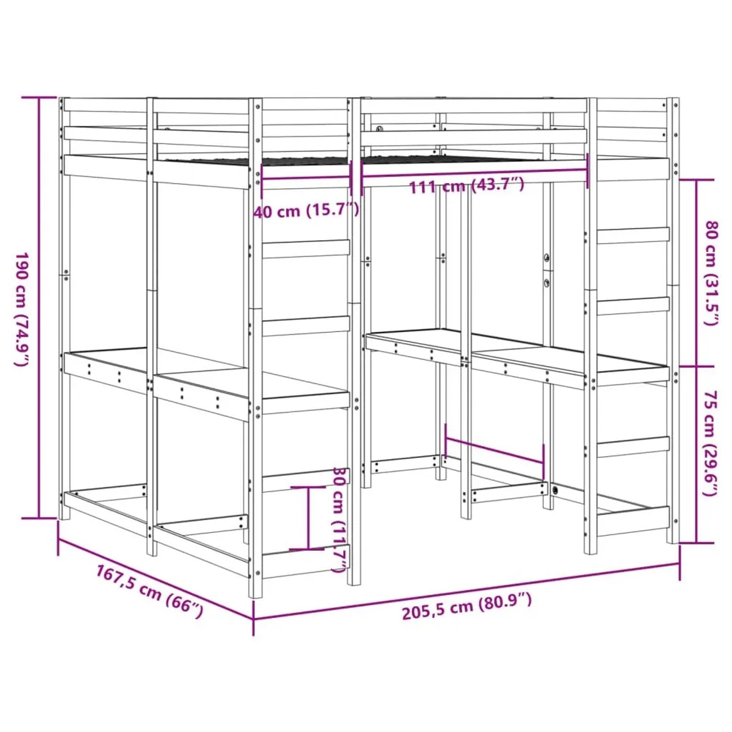 vidaXL Hochbett mit Schreibtisch & Leiter 160x200 cm Massivholz Kiefer 3284233_11