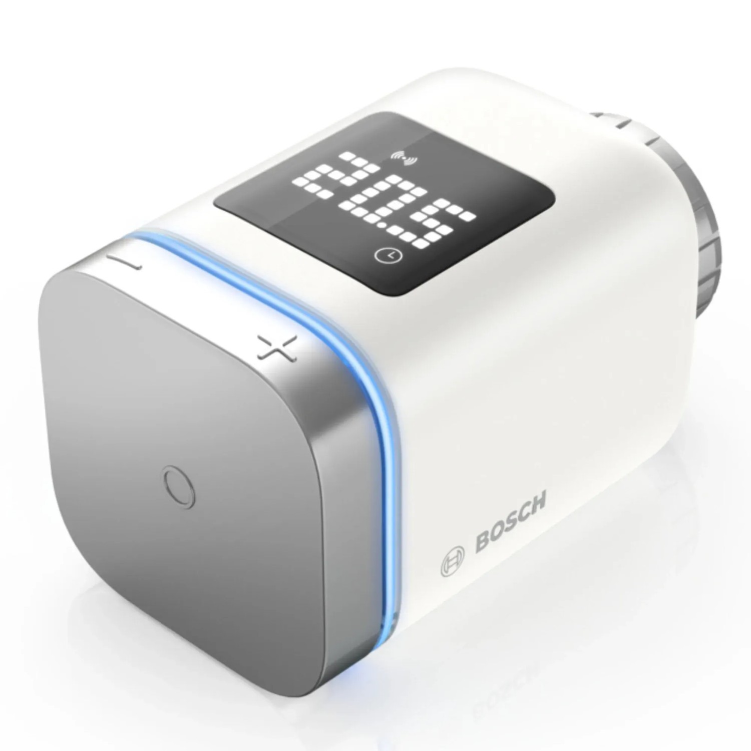 Bosch Smart Home Heizkörper-Thermostat II [+M] in Weiß mit Display und blauer LED-Leiste.