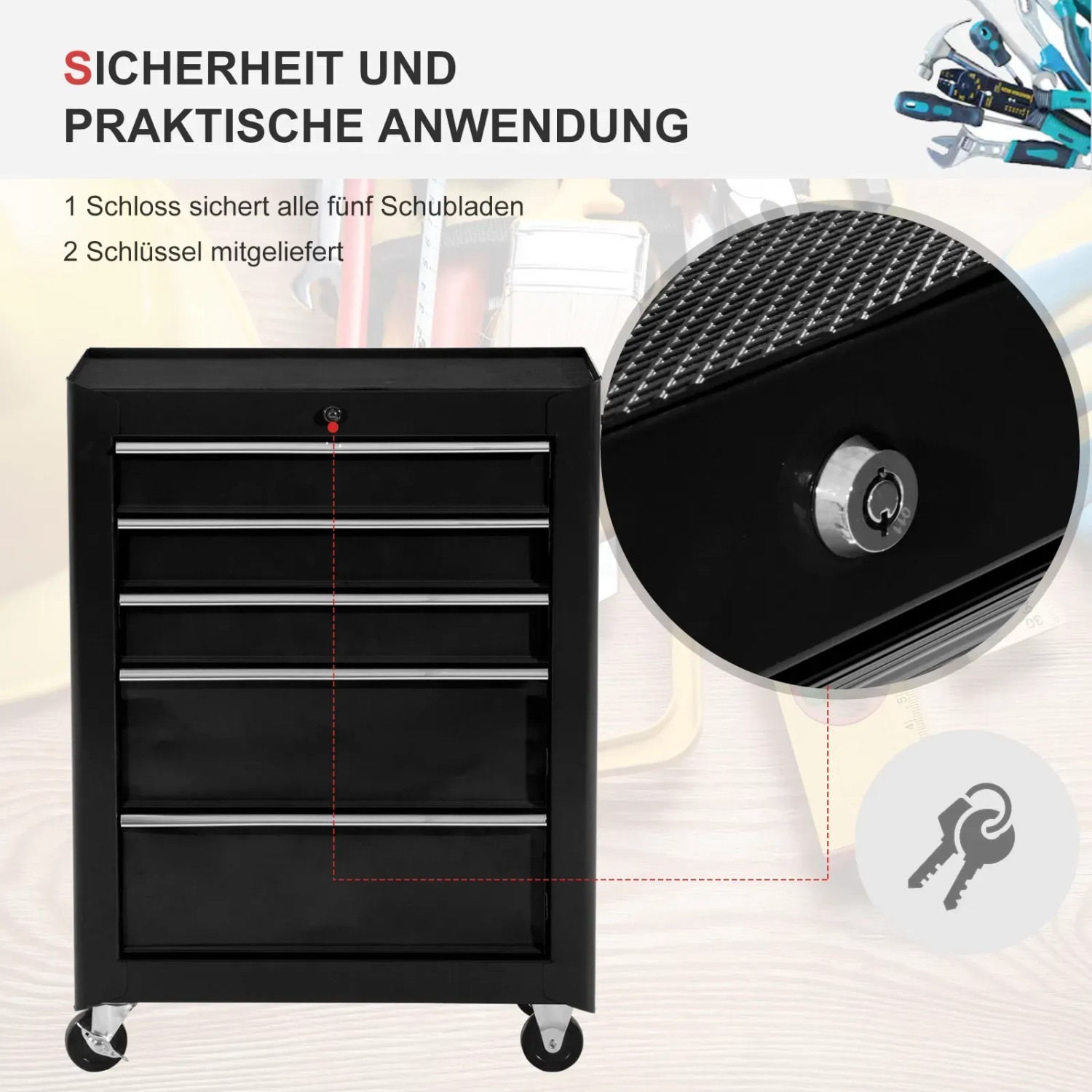 Schwarzer, abschließbarer Werkstattwagen mit fünf Schubladen und Rollen.