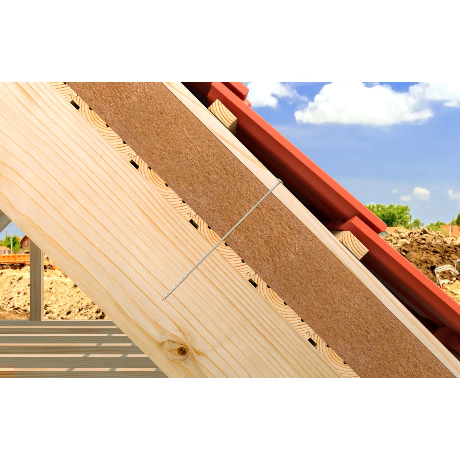 Fischer PowerFast II Holzschraube im Einsatz: Holzkonstruktion mit Spanplatte und Schraube.