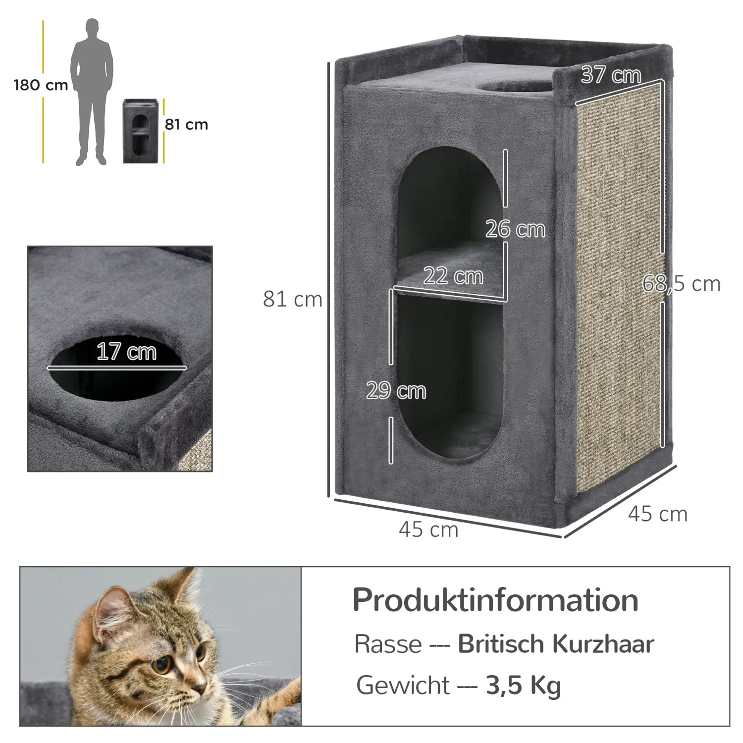 PawHut Katzenturm mit Kratzbrett, zwei Höhlen und Liegefläche, 81 cm hoch.