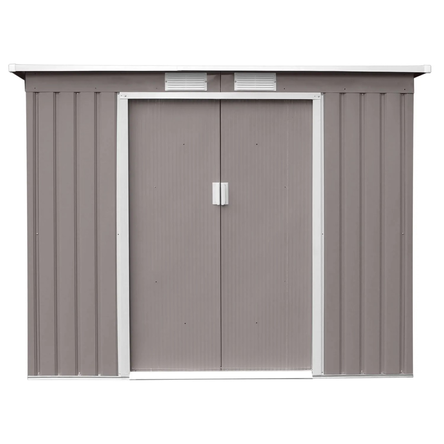 Helles, graues Metall Gerätehaus Hattoro P100 mit Pultdach und Schiebetüren. Ideal zur Garten Geräte Aufbewahrung.