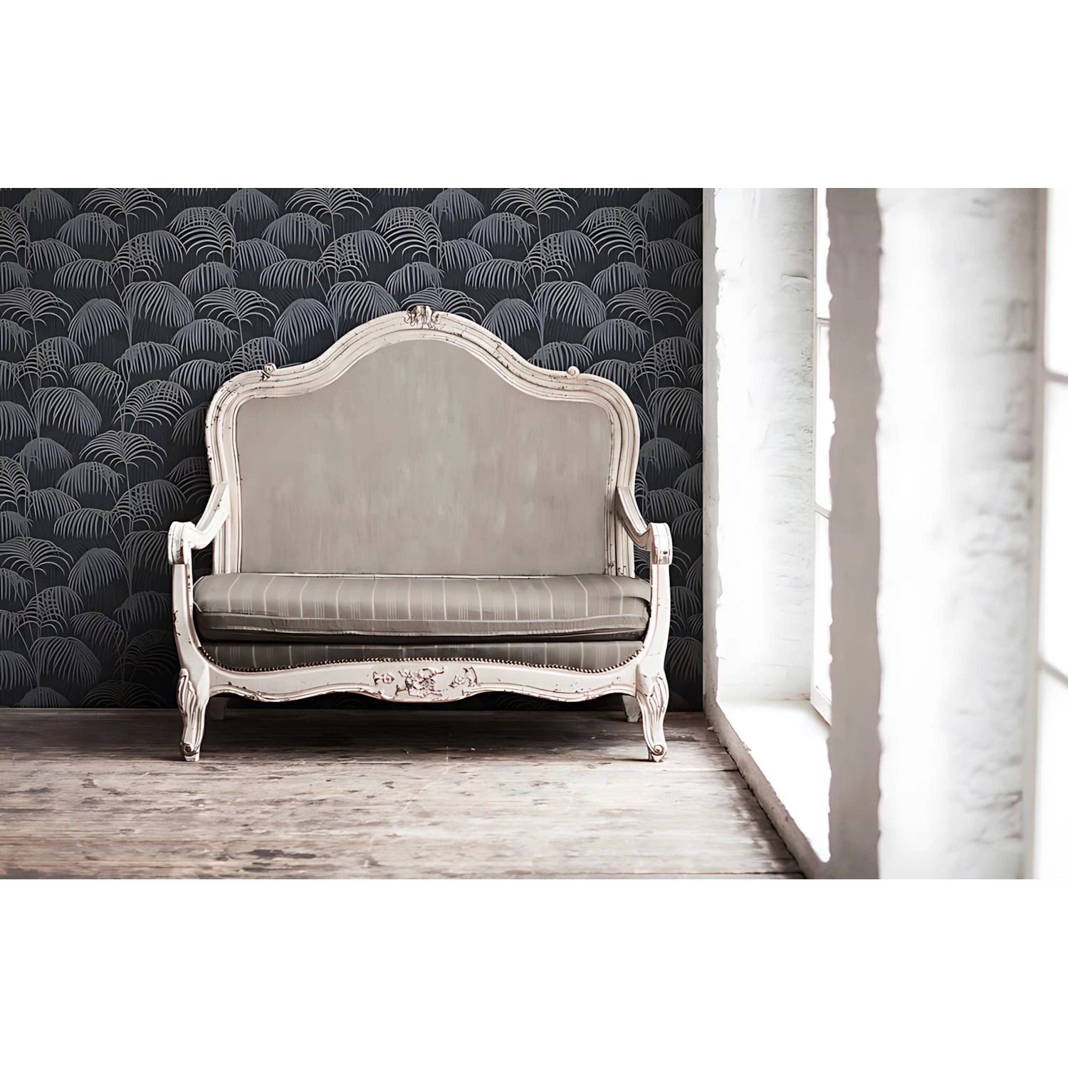 PROFHOME Textiltapete mit Palmenmuster in Schwarz und Grau. Dekorative Tapete für Wohnräume.