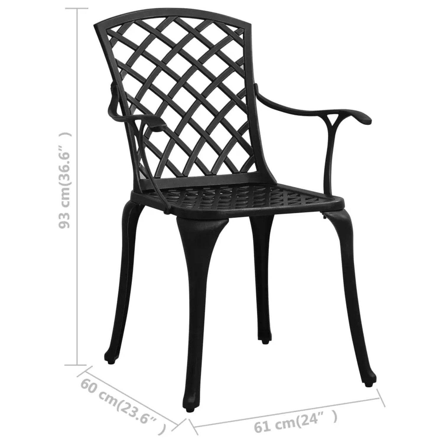 Schwarzer Gartenstuhl aus Aluminiumguss, Teil eines 3-tlg. Bistro-Sets für Gartenmöbel.