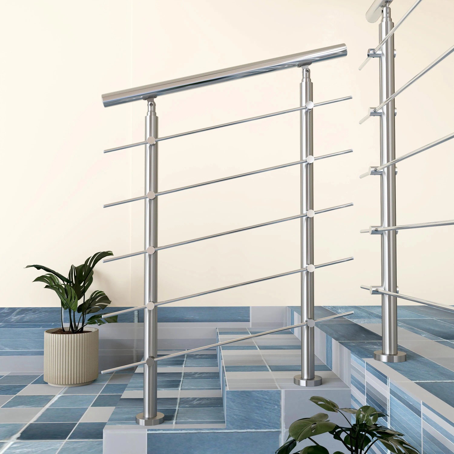 Gebürstetes Edelstahl Geländer 80 cm mit 5 Querstäben auf blauen Treppen. Modernes Design für Innen & Außen.