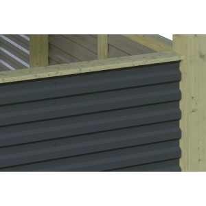 Detailansicht: Skan Holz Carport Friesland Hybrid mit grüner Holzkonstruktion und anthrazitfarbenen Aluminiumwänden.