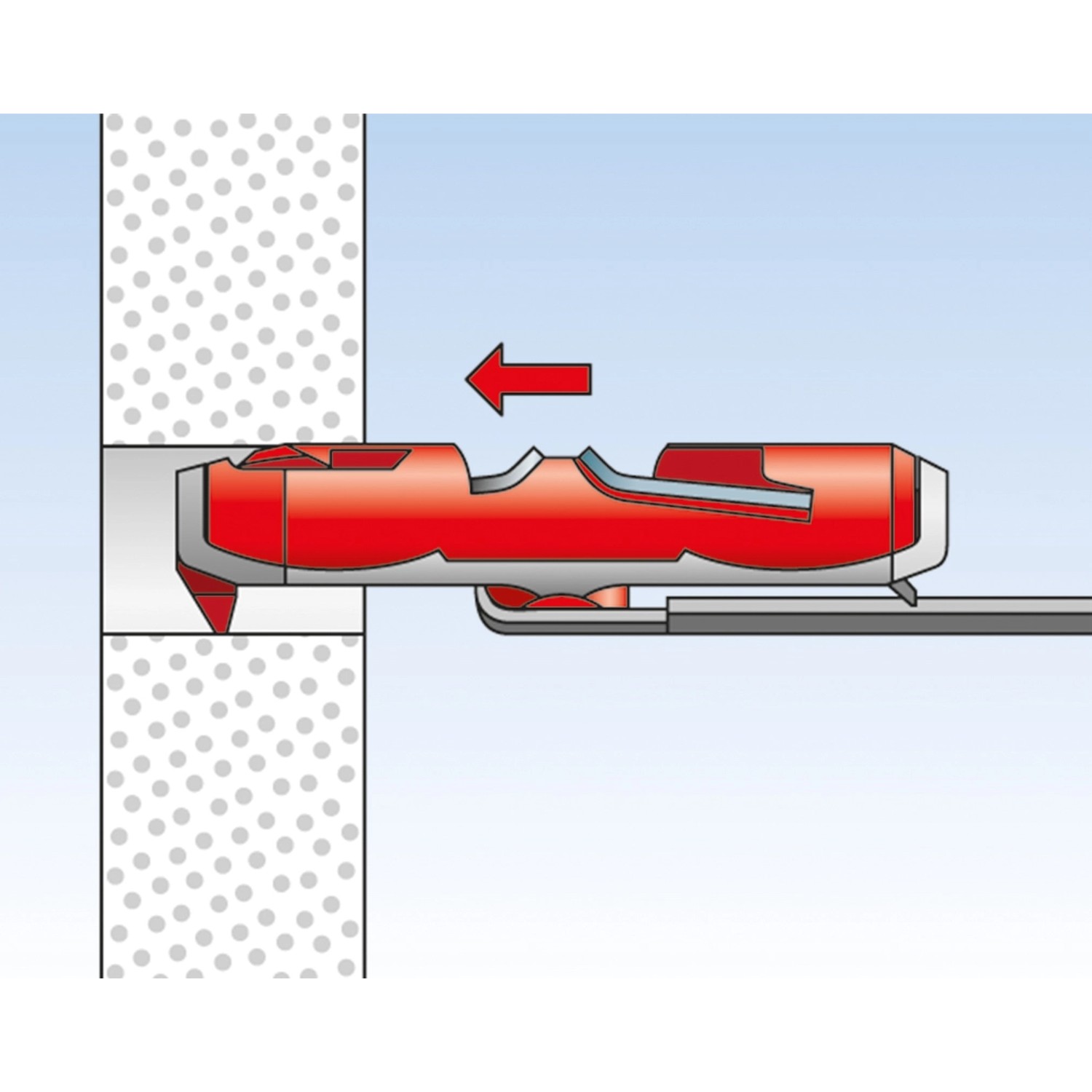 Illustration eines roten Fischer Duotec Kippdübel 10 S mit Schraube in einer Wand.