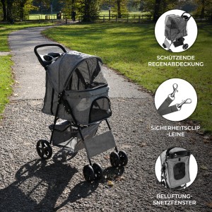 Monstershop Haustierwagen, gewebt grau, mit Regenabdeckung. Faltbarer Hundebuggy für kleine Hunde und Katzen.