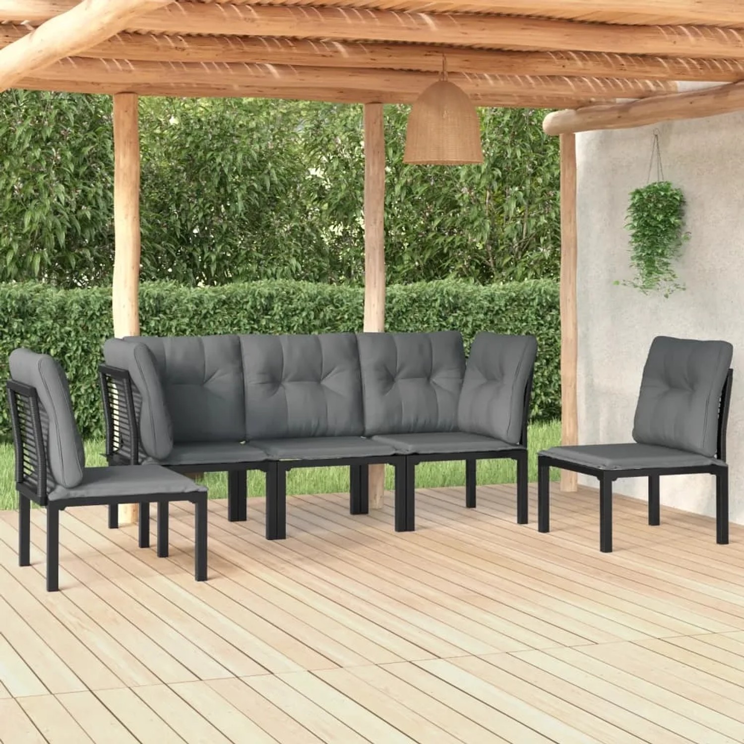 vidaXL 5-tlg. Garten Lounge Set aus Poly Rattan in Schwarz und Grau mit Polstern.