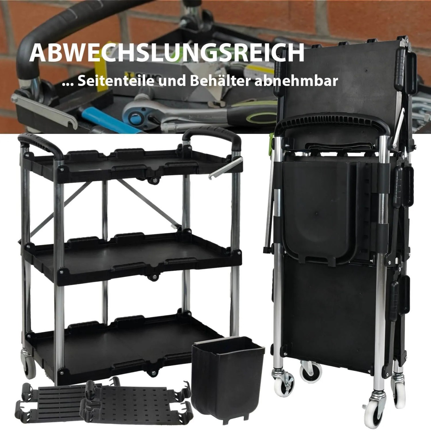 TRUTZHOLM Montagewagen, klappbar, mit Seitentasche, offen und zusammengeklappt.