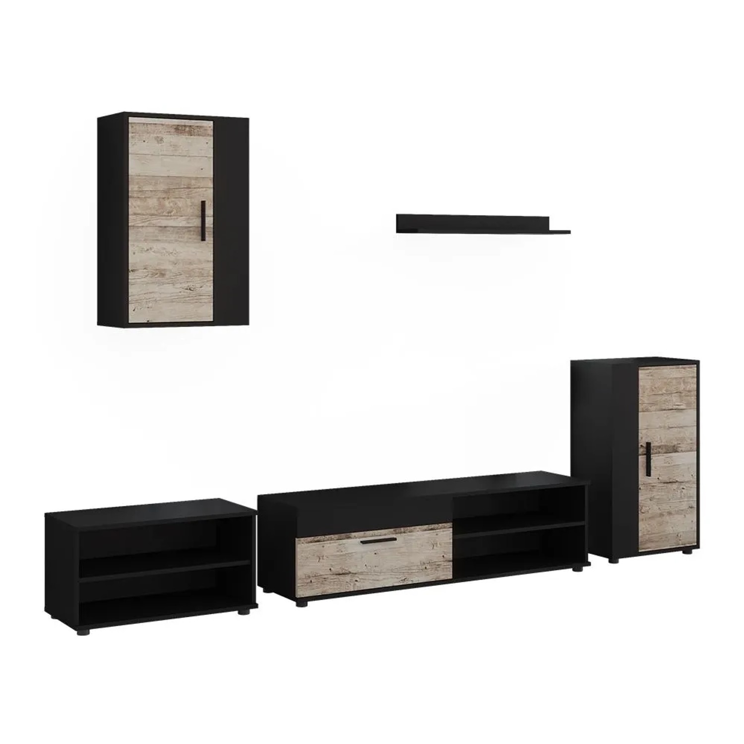 Vicco Wohnwand Berno Schwarz/Sandeiche 140 x 39 5-teiliges Set Art Nr 59219
