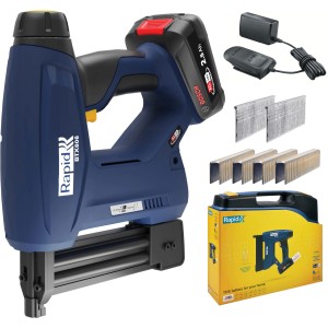 Rapid Akku-Tacker BTX606 18 V mit Akku, Ladegerät, Klammern und Nägeln im Set.