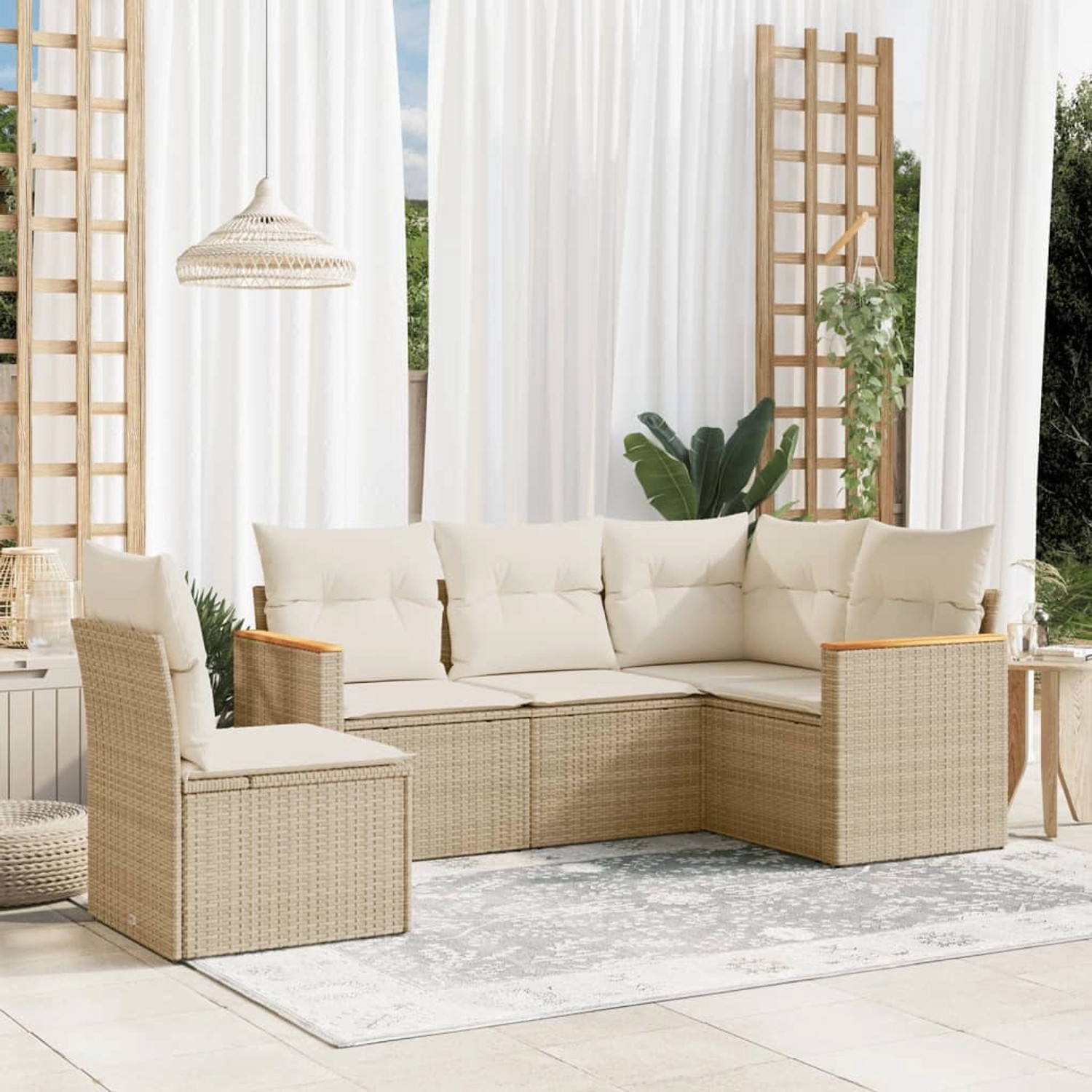 Beige 5-tlg. vidaXL Garten-Sofagarnitur aus Rattan mit Kissen für Terrasse und Garten.
