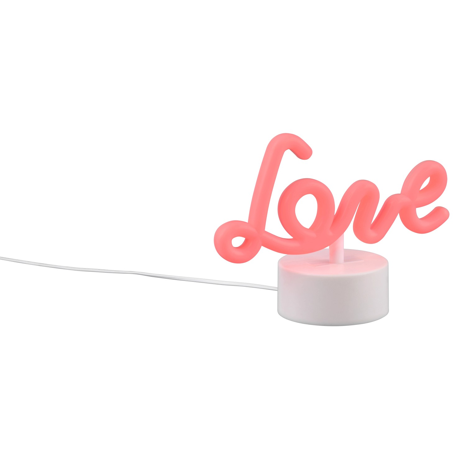 Weiße LED-Tischleuchte Amor mit rosafarbenem "Love" Schriftzug, ideal als Deko-Lampe.