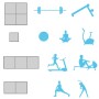 Graue Puzzle Fitnessmatten in verschiedenen Anordnungen mit Piktogrammen für Training, Yoga & Sportgeräte.
